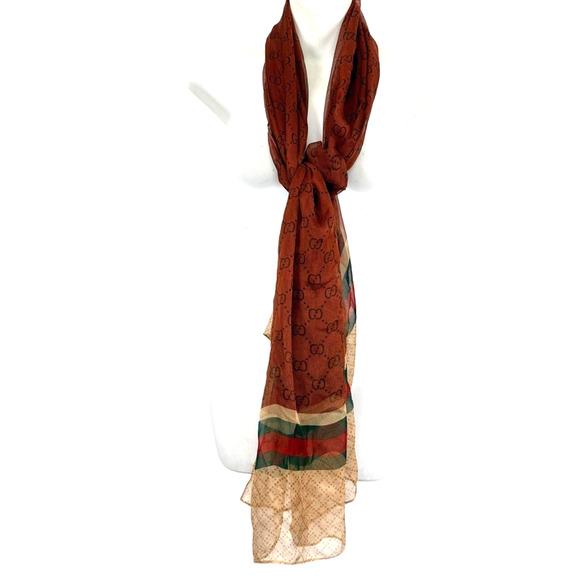 Gucci 100% Silk Sheer Chiffon Logo Monogram Scarf Wrap Brown Green 27" x 68" - Picture 1 of 14